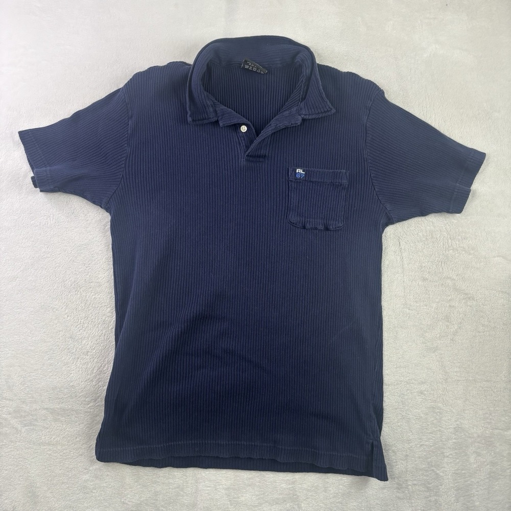 VTG Polo Jeans Co Ralph Lauren Blue Short Sleeve Collared Ribbed Shirt Men's LG